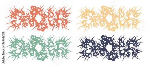 Death metal logo style vector set, y2k aesthetic organic shapes, brutalist streetwear graphic elements in four colors for apparel design