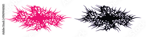 Y2K aesthetic cybercore splash shapes, pink and black organic liquid splatter vectors, abstract grunge ink blot elements for streetwear design