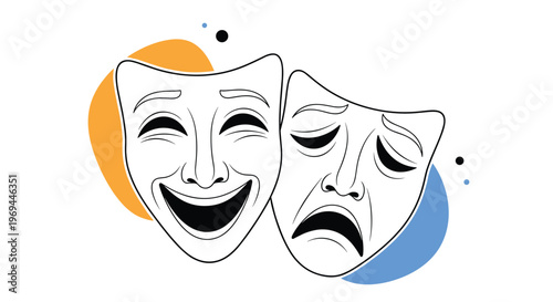 Traditional theater masks representing comedy and tragedy in line art with blue and orange abstract background shapes and dots.