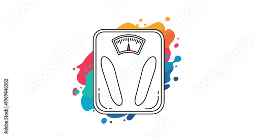 Classic bathroom weight scales shown in line art set against a vibrant and colorful paint splash background with many hues.