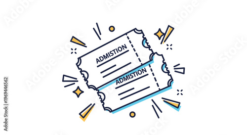 Two admission tickets with perforated edges and bold text shown in a dynamic colorful style with surrounding graphic elements.