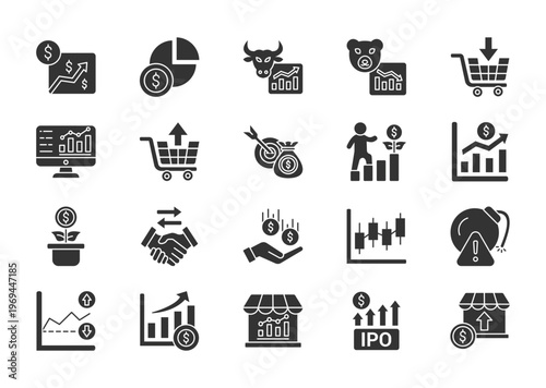 Stock market thin glyph icon set. Containing stock, shares, bull market, bear market, buy, exchange, sell, financial, investor. Vector illustration