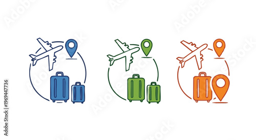 Three colorful travel icons featuring airplanes luggage and location pins for trip planning apps