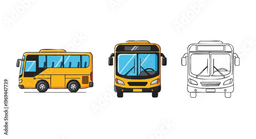 A collection of yellow bus illustrations featuring side view, front view, and a line art outline.