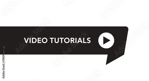 Promotional banner for video tutorials featuring a bold white text on a black speech bubble with a circular play button icon.