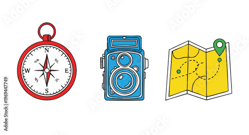 A colorful illustration featuring a classic compass a vintage film camera and a paper travel map
