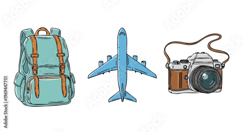 A collection of essential travel items including a green backpack, an airplane, and a camera.
