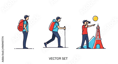 A collection of stylized illustrations showing various activities for travelers on vacation trips