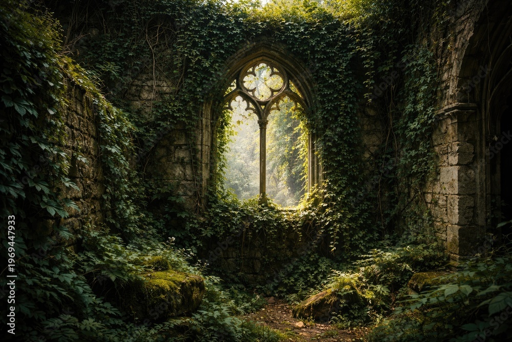 Obraz premium Lush ivy envelops ancient stone ruins with a mysterious overgrown window