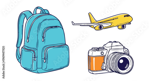 A colorful illustration featuring a blue travel backpack, a yellow airplane, and a digital camera.