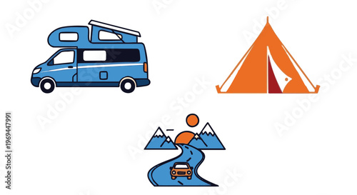 A collection of icons featuring a blue camper van, an orange camping tent and a road trip scene