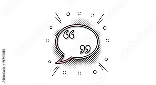 Circular speech bubble with quotation marks shown in a dynamic comic book style with dots and energetic background lines.
