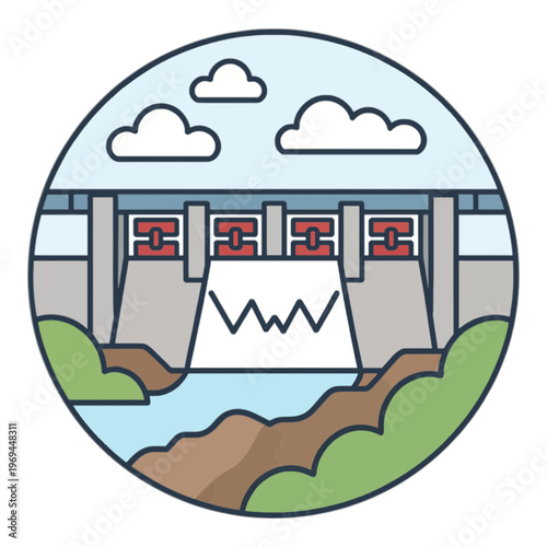 Hydroelectric Dam Vector Icon with Flowing Water