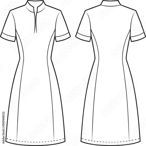 Front and back view of fitted midi dress template, short sleeve women apparel mockup for fashion design and branding