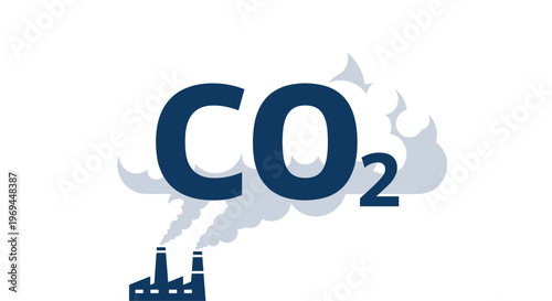 Bold dark blue CO2 letters are positioned over grey clouds of smoke rising from a factory silhouette to represent carbon emissions.