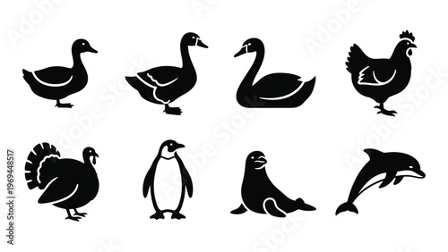 A collection of black silhouettes depicts various waterfowl poultry and marine animals against a white background silhouette high quality professional detailed