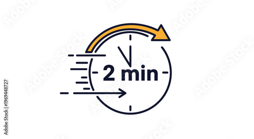Stylized timer icon features a circular clock face with an orange arrow indicating a fast duration of exactly two minutes for quick service.