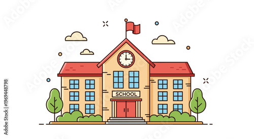 Classic two-story school building features a red roof, a clock tower with a flag, and green trees on a white background with dots.