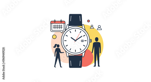 Large wristwatch is surrounded by a calendar, people silhouettes, and abstract shapes to represent scheduling and time management.