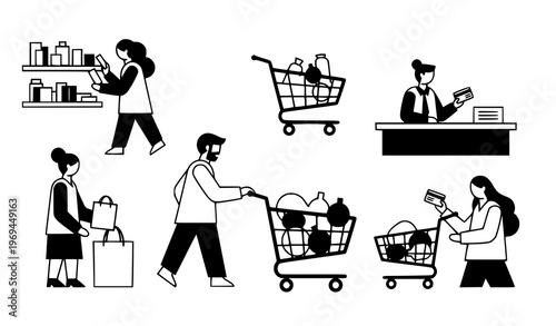 Flat Shoppers Illustration Set – People with Shopping Cart Vector Design