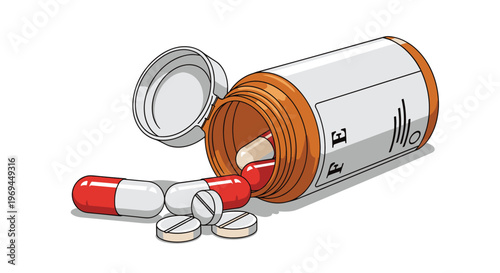 Open medicine bottle is shown lying on its side with several red and white capsules and white round tablets spilled onto the surface.
