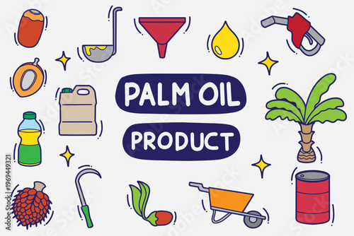 set of palm oil product doodle with color good for background, wallpaper, element design, icon, etc