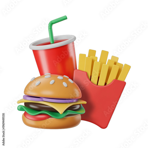 3 d rendered hamburger with french fries and soda cup on black background