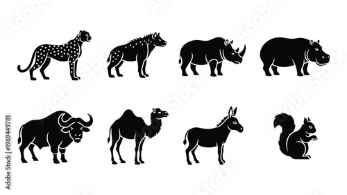 A collection of african wildlife animals presented in a striking black silhouette showcasing diverse species high quality professional detailed modern elegant