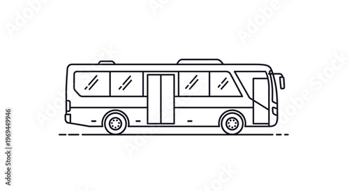 Detailed black and white line drawing of a city bus is shown from the side to illustrate public transportation and urban commuting.