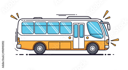Compact white and orange passenger bus is shown from a side perspective with motion lines and a friendly, modern design for travel.