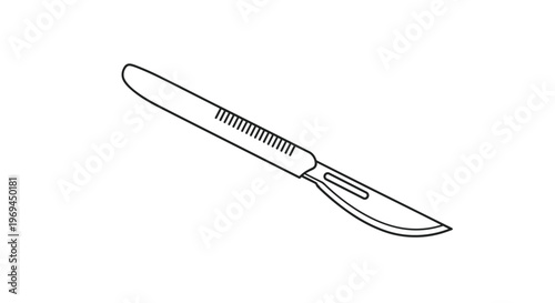 Black and white line drawing of a surgical scalpel displays its sharp blade and textured handle for medical and healthcare contexts.