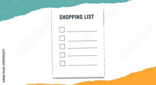 Shopping list note with blank check boxes and lines for grocery planning and organization on a colorful background.