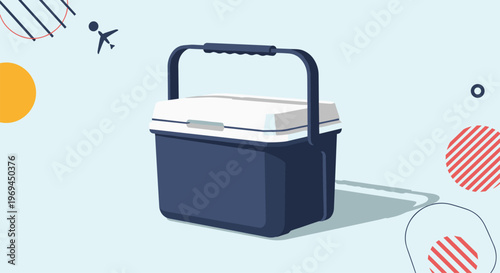 Dark blue portable cooler box with a white lid and a sturdy handle sits on a light blue background with abstract geometric shapes.