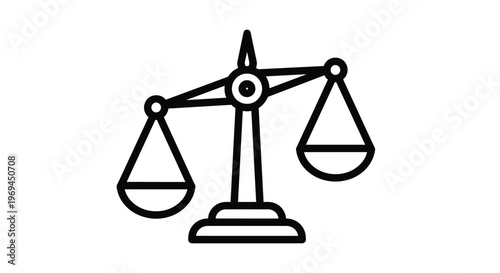Black outline illustration of legal scales of justice representing law equality and judicial systems on white background.