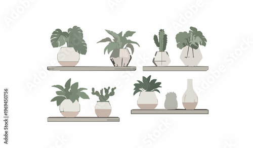 Modern wall shelves with decorative plant pots vector illustration in soft pastel sketch style isolated on white background