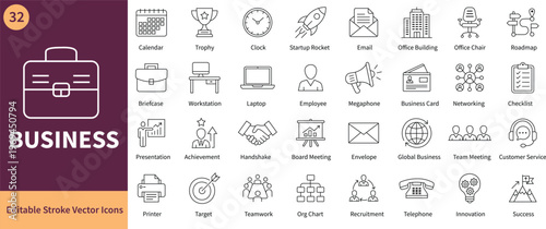 Set of 32 business and office line icons, vector illustration of professional corporate symbols, management and communication elements, editable stroke