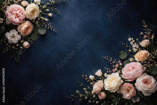 Elegant flowers on a deep navy textured background with copy space