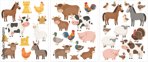 Farm Animal Illustration Set Featuring Cow Horse Pig Chicken Goat Sheep Duck and Barnyard Livestock Characters for Agriculture and Kids Design