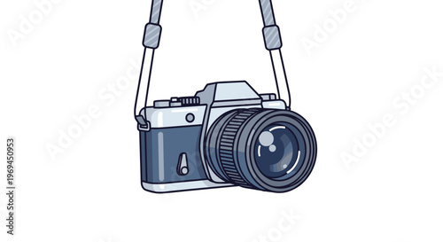 Professional digital slr camera with a strap hanging against a plain white background representing photography and videography.