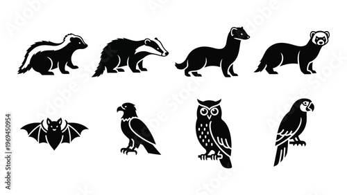 A collection of black animal silhouettes depicting mustelids birds of prey and a bat showcasing diverse wildlife silhouette high quality professional