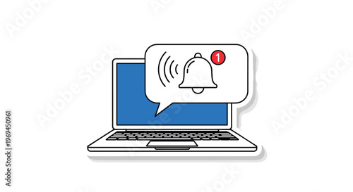 Laptop computer screen displaying a notification bell icon with a red alert badge for messages and social media updates.