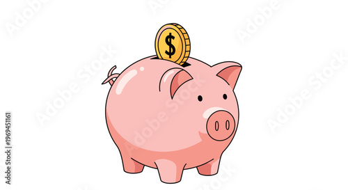 Pink piggy bank with a gold dollar coin being inserted into the slot representing savings investment and financial goals.
