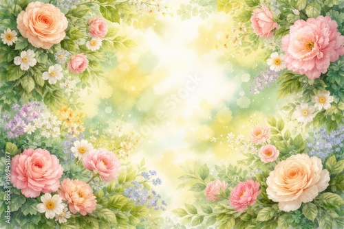 Watercolor floral artwork featuring green leaves and blooming flowers on a summer inspired background for garden invitations