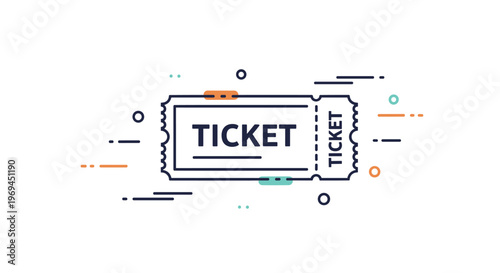 Stylized ticket icon with the word ticket written on it surrounded by abstract colorful dots and lines for events.