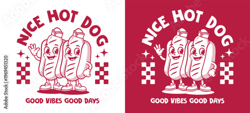 Vector illustration of a black t-shirt design vintage cartoon hot dog mascots waving with happy faces
