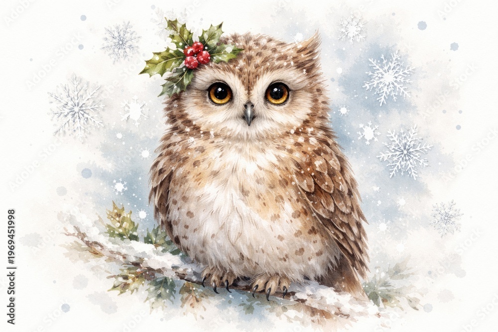 Obraz premium Watercolor Owl Wearing Holly with Snowflakes on White Background