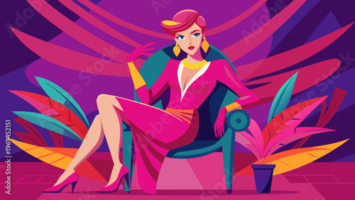Woman in Vibrant Pink Artistic Fashion Pose on Chair