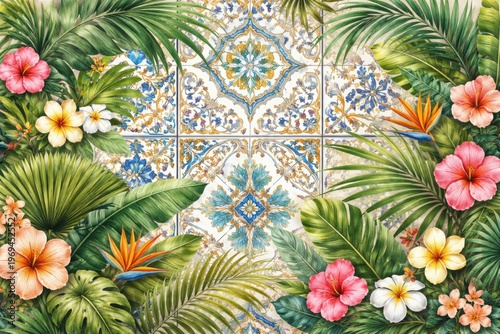 Tropical botanical artwork featuring palm leaves and floral patterns with Mediterranean tile motifs