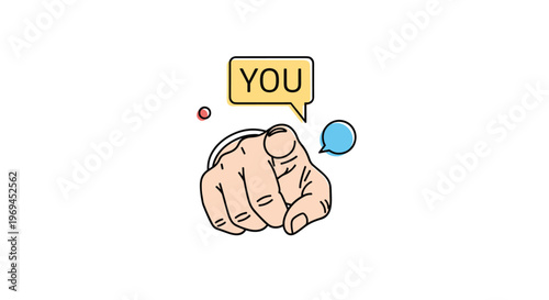 Human hand pointing a finger forward at the viewer with a yellow speech bubble containing the word you.