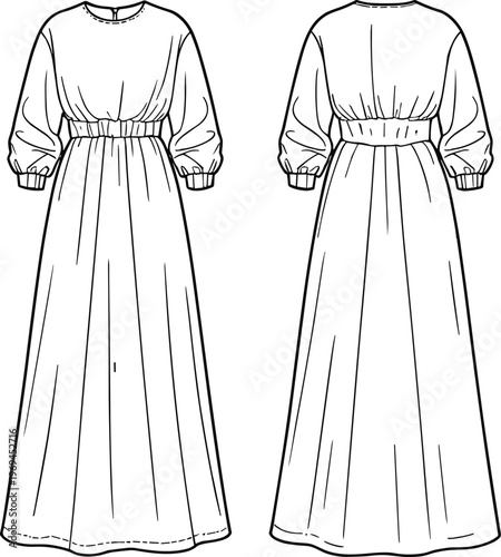 Front and back view of long sleeve maxi dress template, elegant women apparel mockup for fashion design and clothing branding